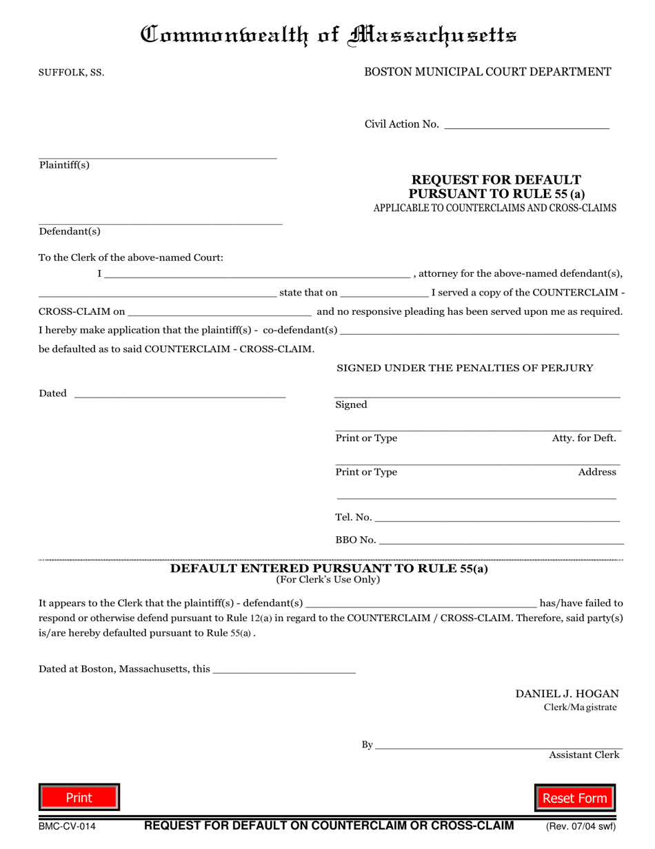 Form BMC-CV-014 Request for Default Pursuant to Rule 55(A) - Boston, Massachusetts, Page 1