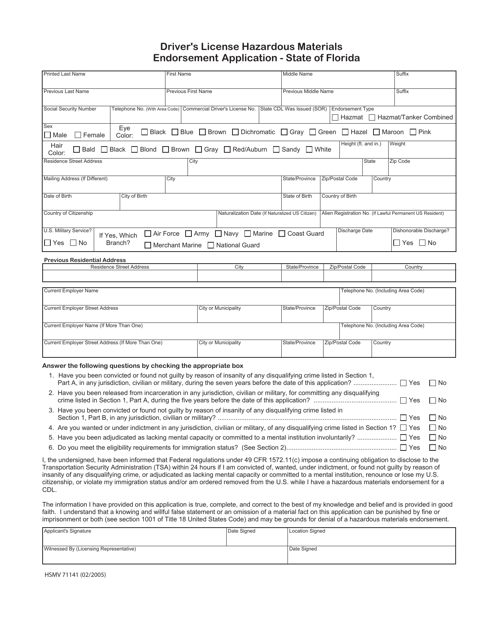Form HSMV71141 Driver's License Hazardous Materials Endorsement Application - Florida