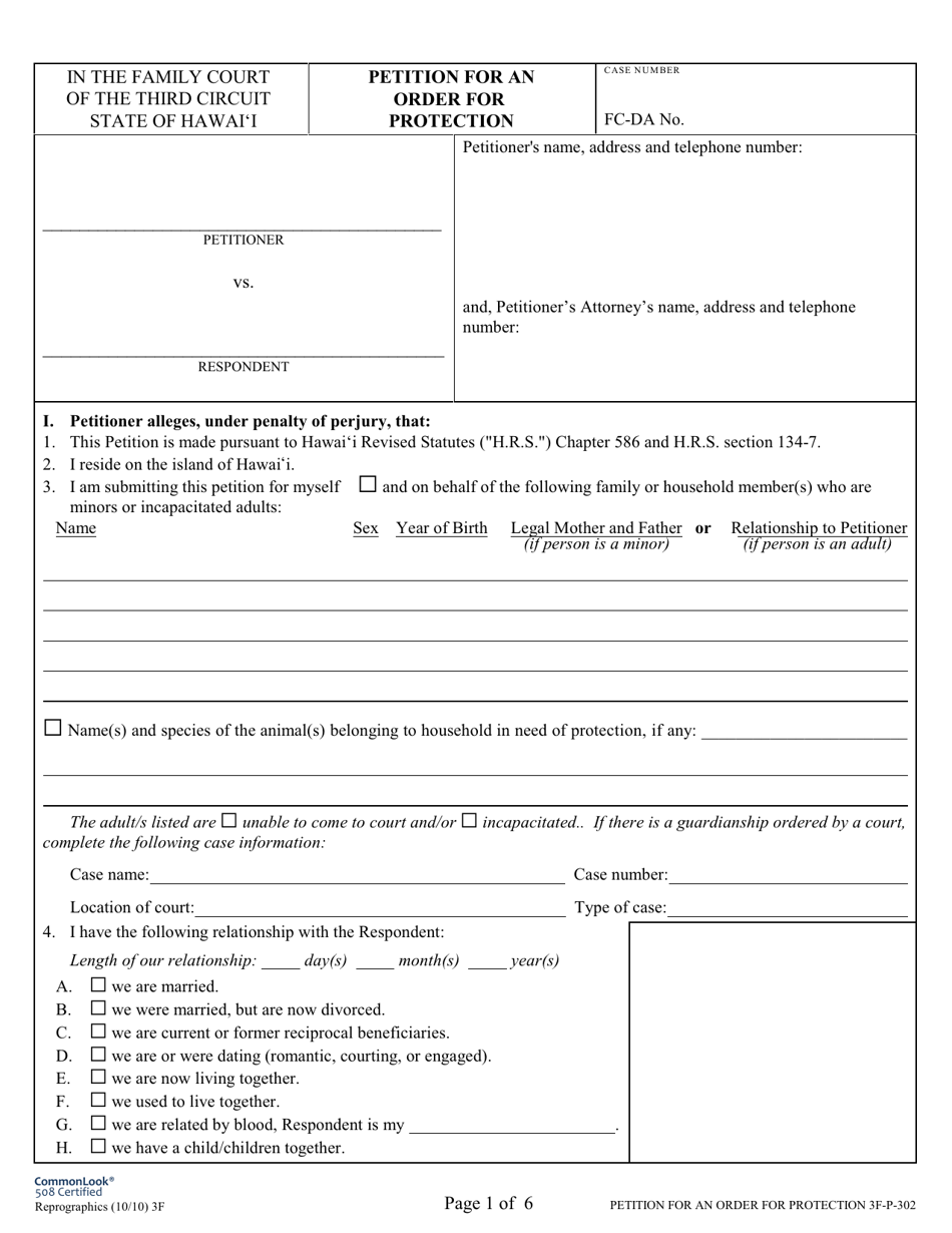 Form 3F-P-302 Petition for an Order for Protection - Hawaii, Page 1