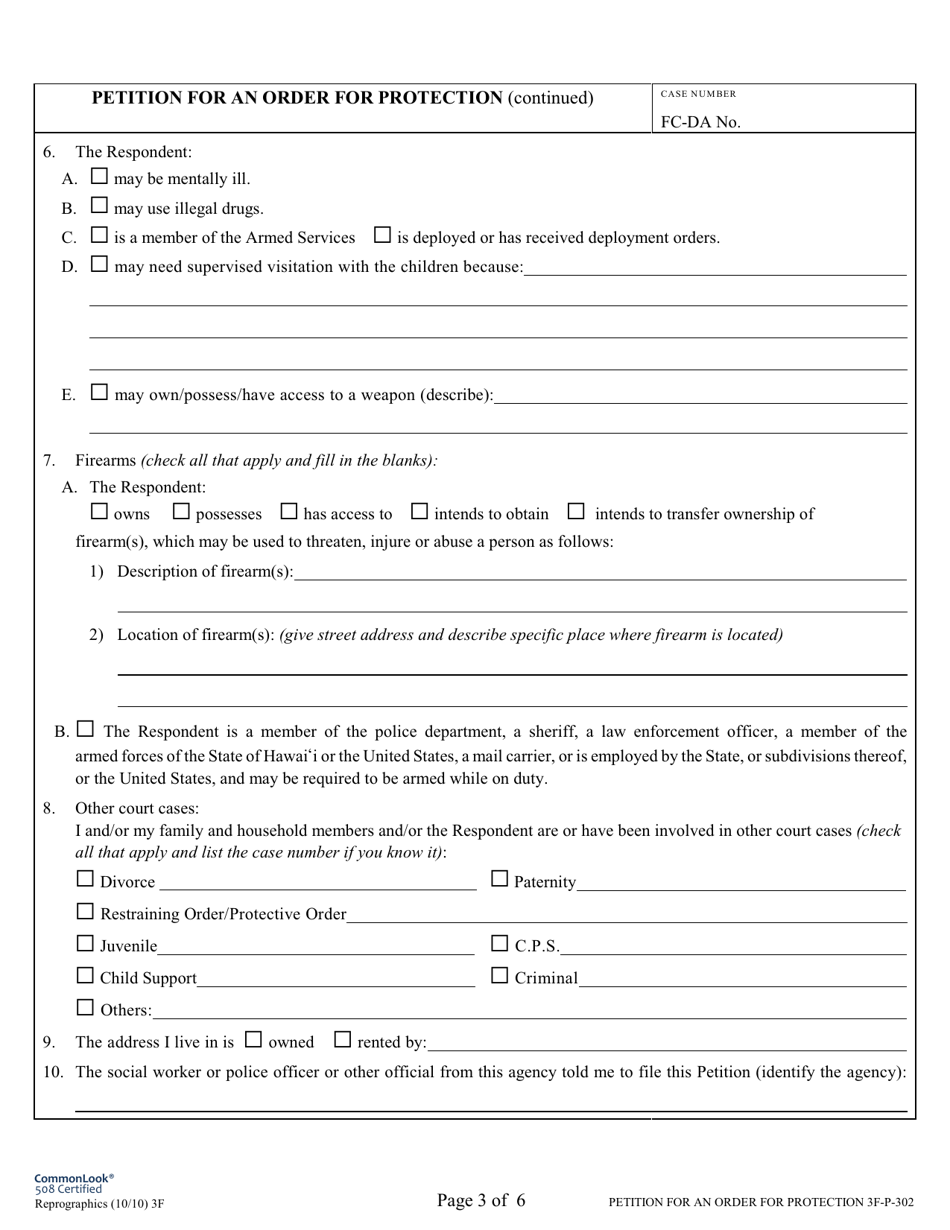 Form 3F-P-302 Petition for an Order for Protection - Hawaii, Page 3