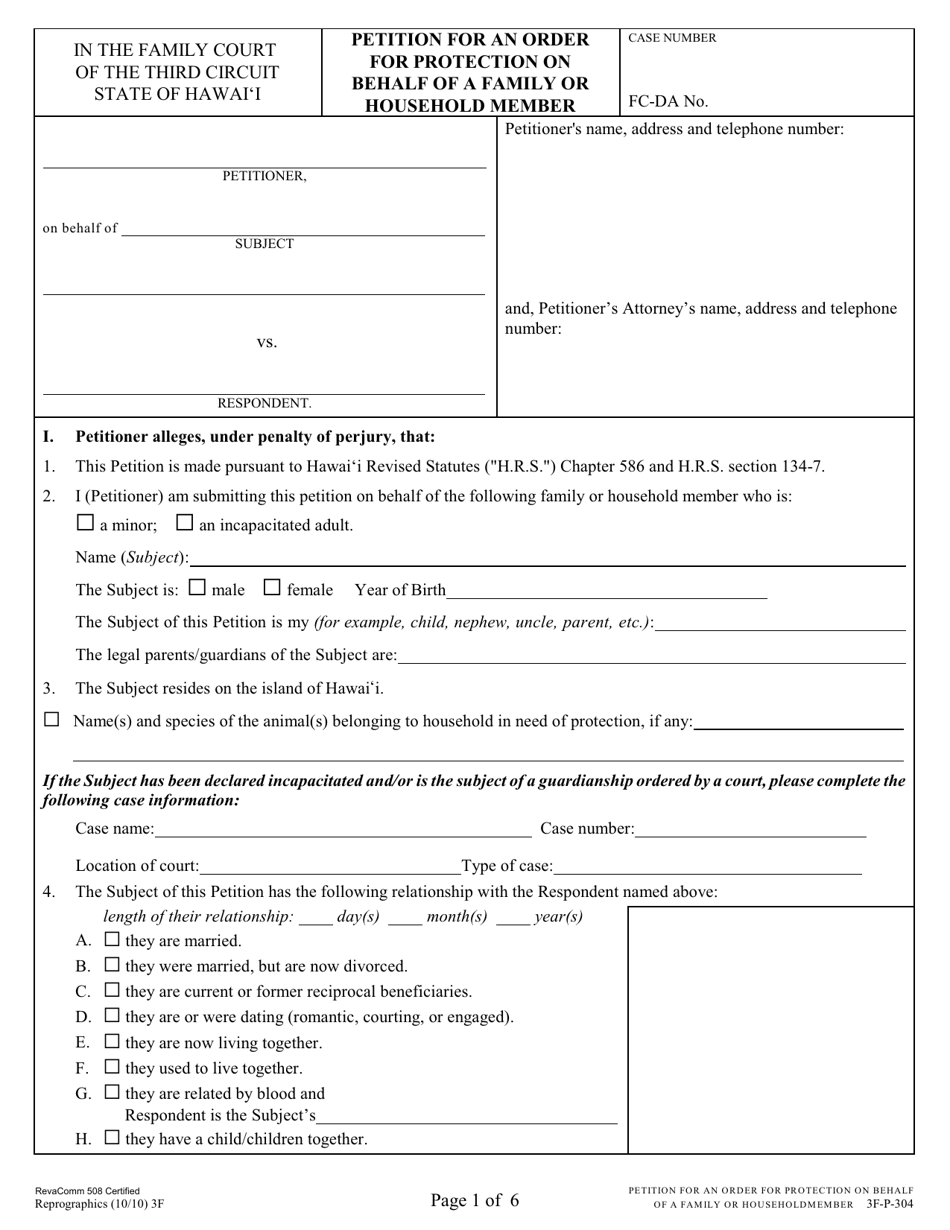 Form 3F-P-304 Petition for an Order for Protection on Behalf of a Family or Household Member - Hawaii, Page 1