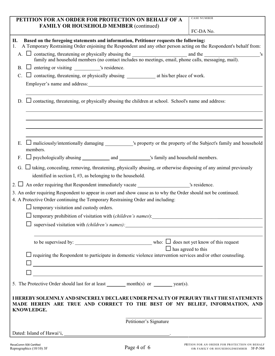 Form 3F-P-304 Petition for an Order for Protection on Behalf of a Family or Household Member - Hawaii, Page 4