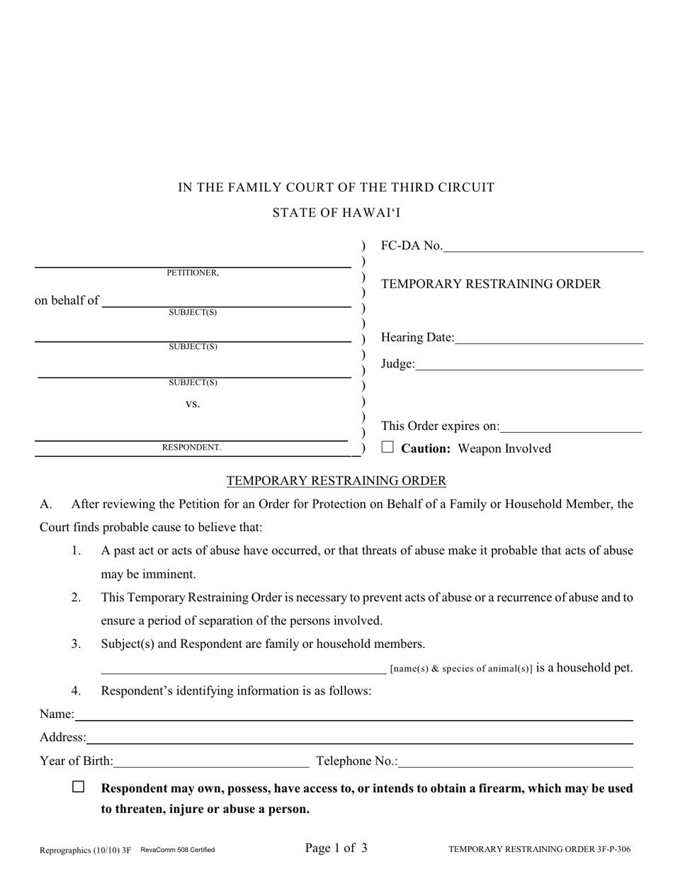 Form 3F-P-306 Temporary Restraining Order - Hawaii, Page 1