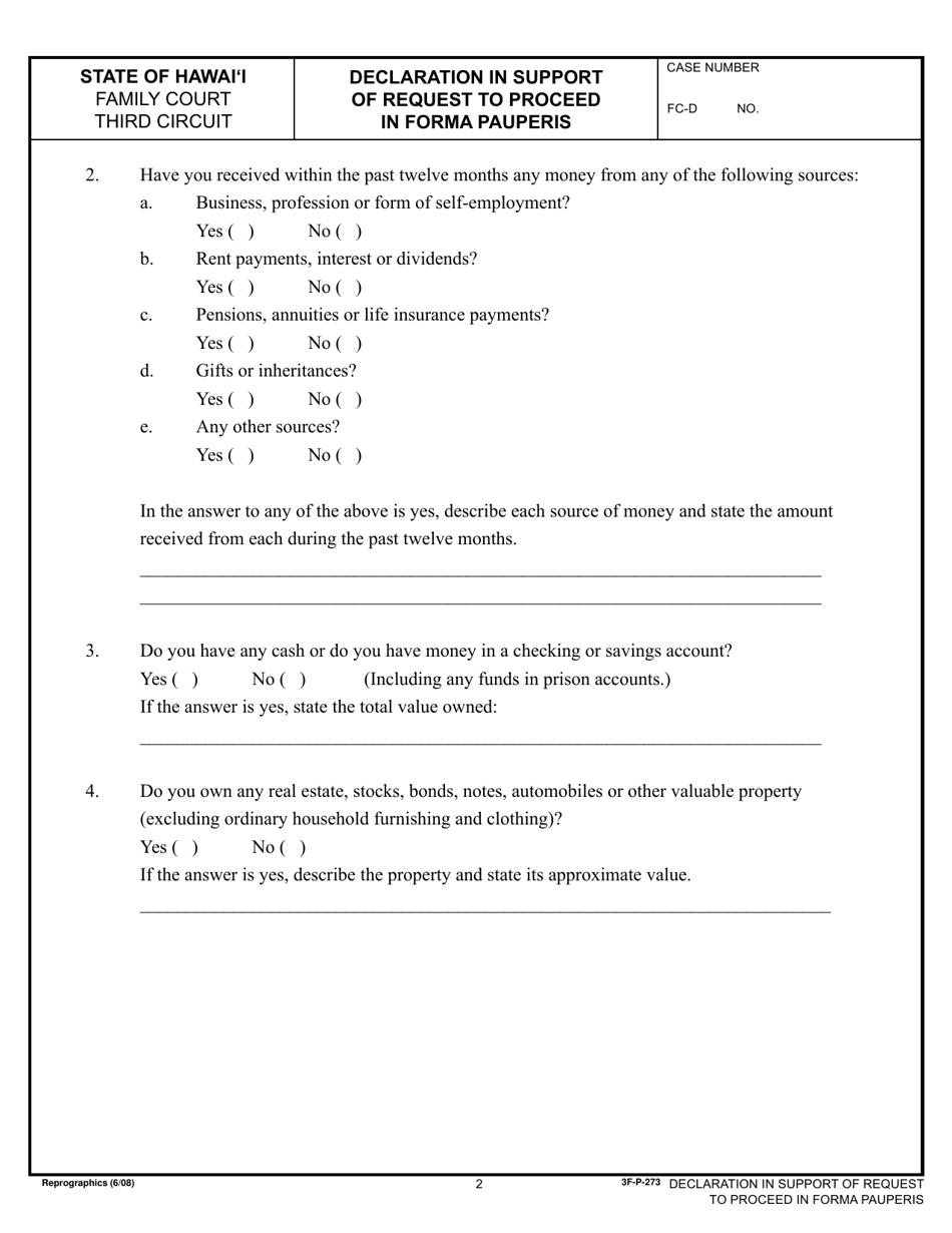 Form 3F-P-273 Declaration in Support of Request to Proceed in Forma Pauperis - Hawaii, Page 2