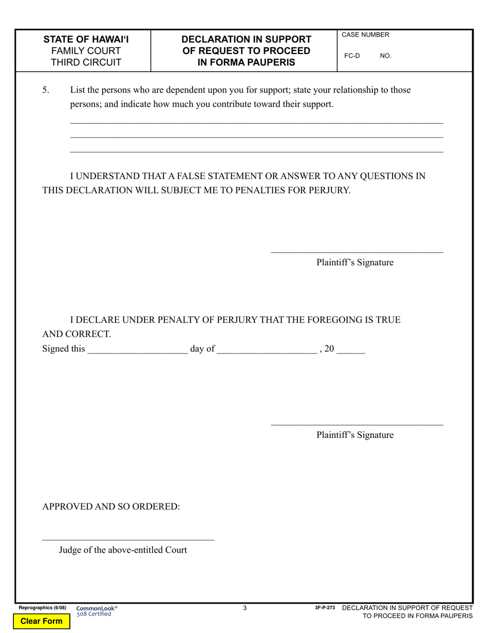 Form 3F-P-273 Declaration in Support of Request to Proceed in Forma Pauperis - Hawaii, Page 3