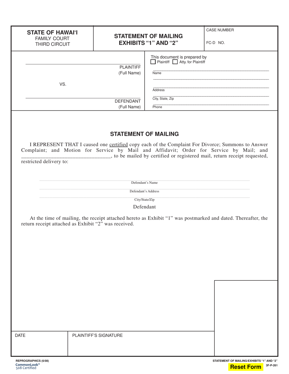 Form 3F-P-261 Statement of Mailing: Exhibit 1 and Exhibit 2 - Hawaii, Page 1