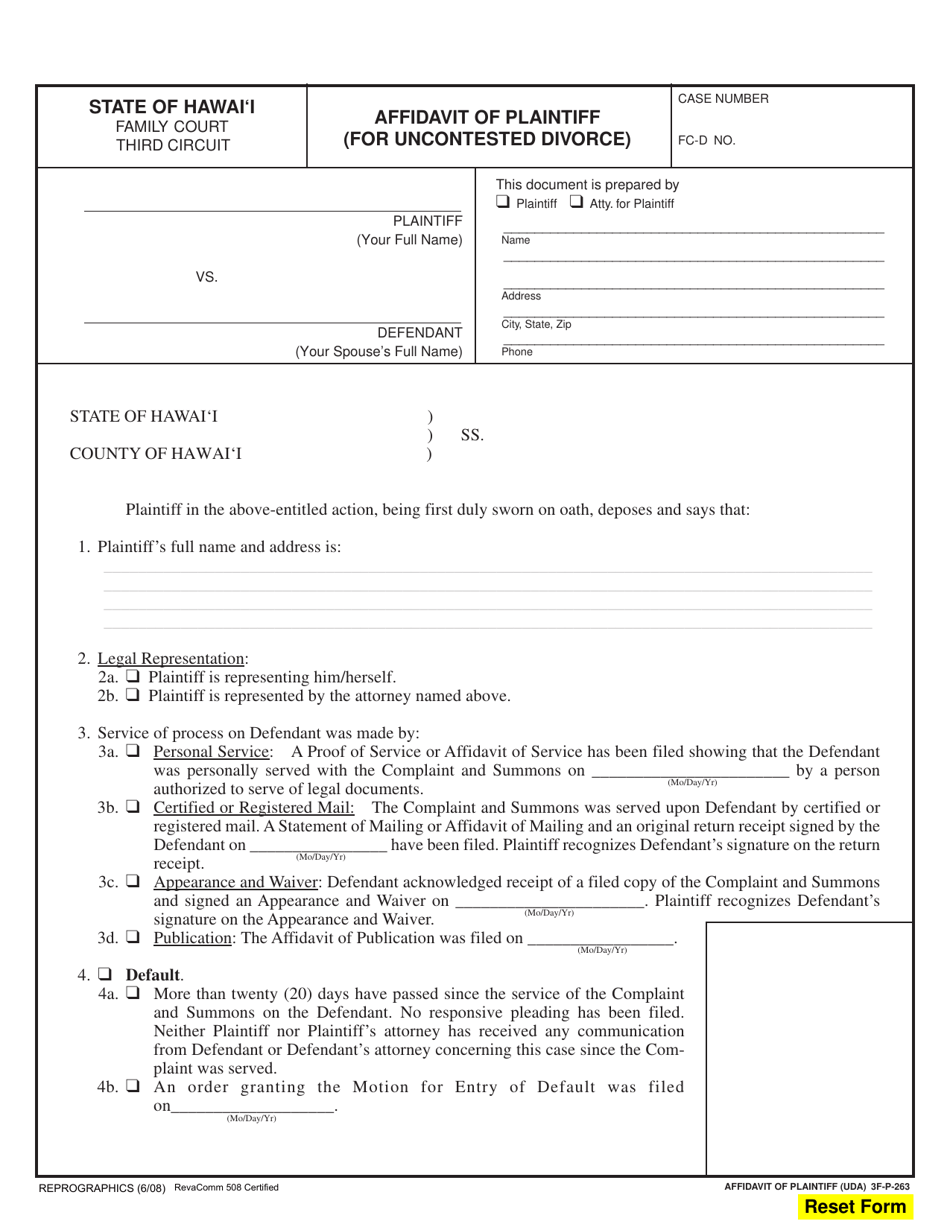 Form 3F-P-263 Affidavit of Plaintiff (Uncontested Divorce) - Hawaii, Page 1