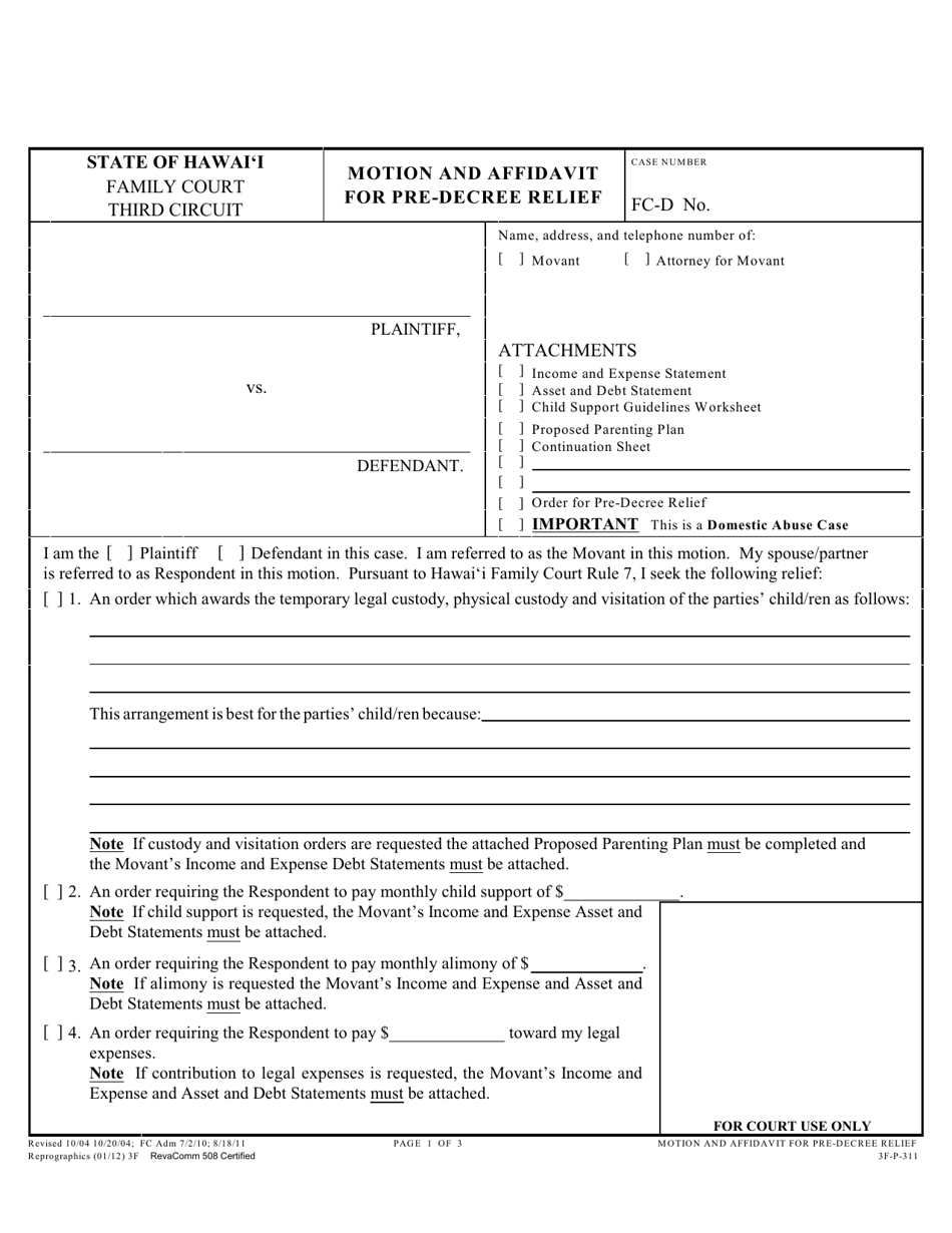 Form 3F-P-311 Motion  Affidavit for Pre-decree Relief - Hawaii, Page 1