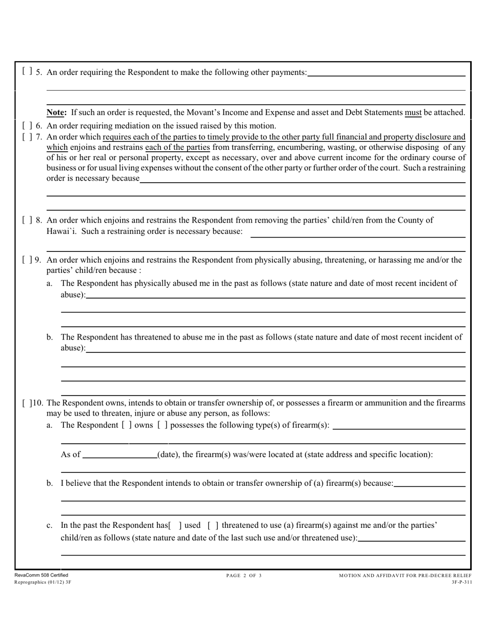 Form 3F-P-311 Motion  Affidavit for Pre-decree Relief - Hawaii, Page 2