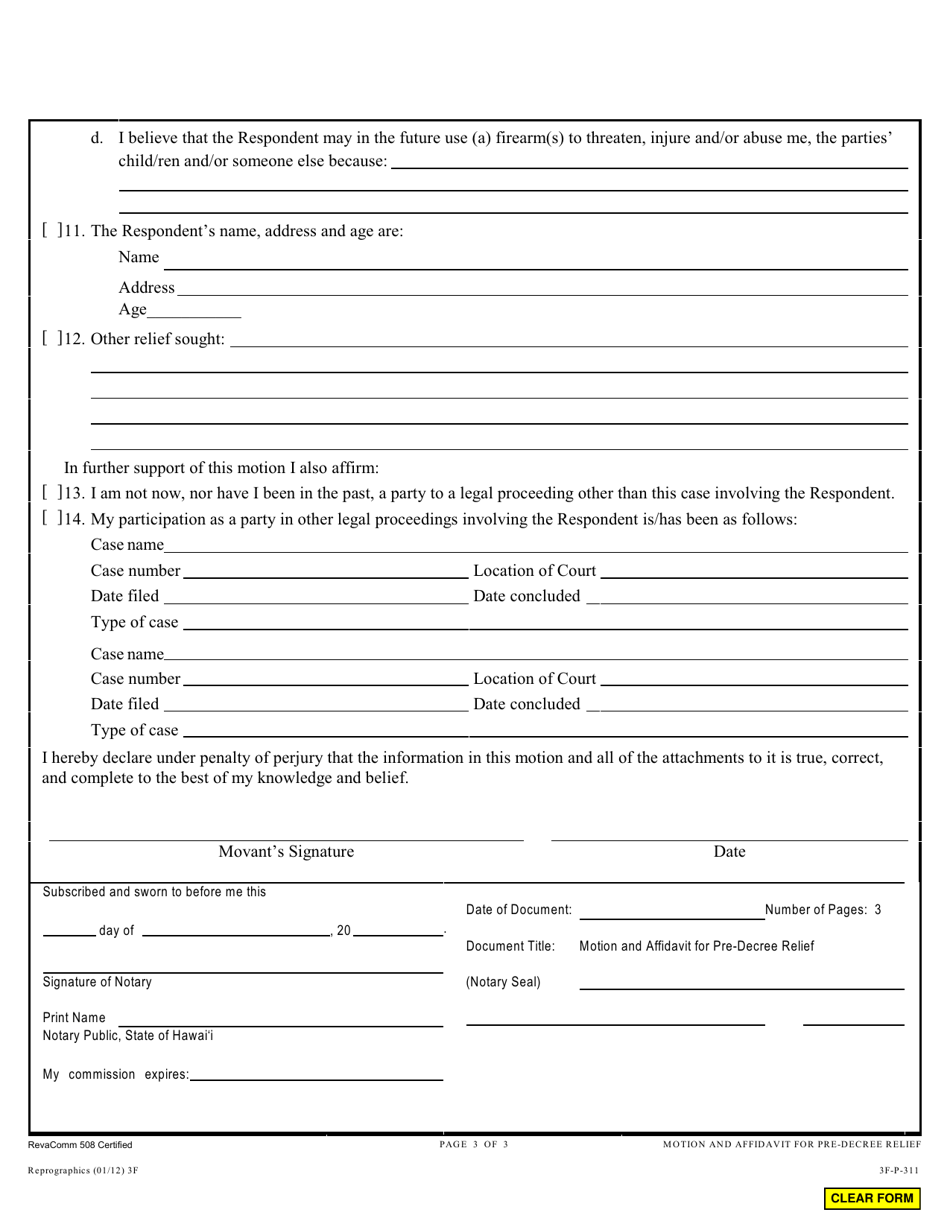 Form 3F-P-311 Motion  Affidavit for Pre-decree Relief - Hawaii, Page 3