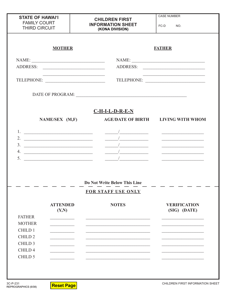 Form 3C-P-231 Children First Information Sheet - Hawaii, Page 1