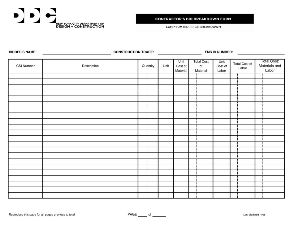 New York City Contractor's Bid Breakdown Form - Fill Out, Sign Online ...