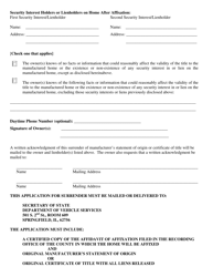 Form DSD A289 Application for Surrender of Manufactured Home Certificate of Title or Manufacturer&#039;s Statement of Origin - Illinois, Page 2