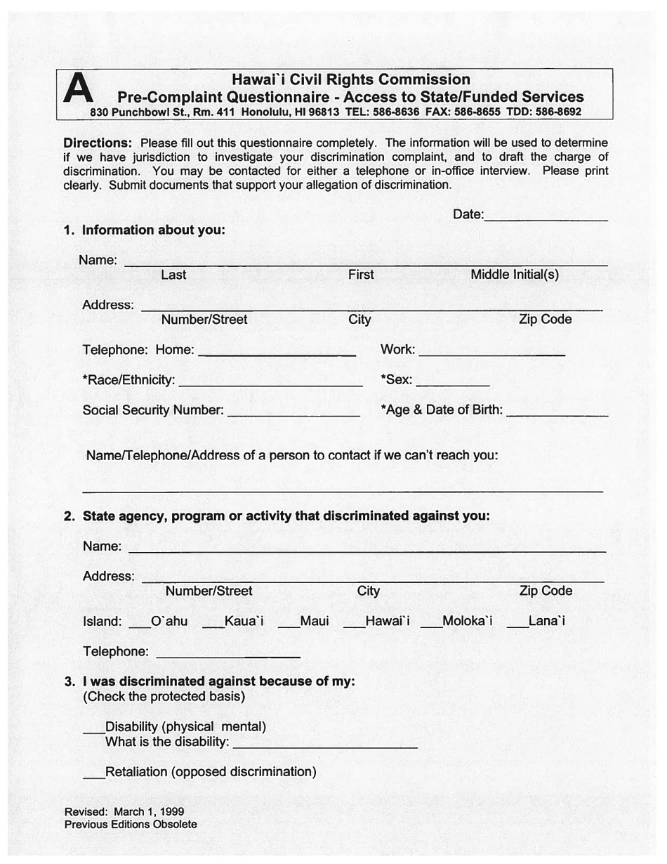 Pre-complaint Questionnaire - Access to State / Funded Services - Hawaii, Page 3
