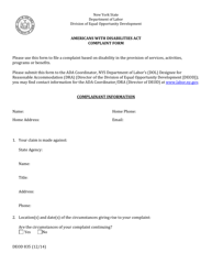 Form DEOD835 Americans With Disabilities Act Complaint Form - New York