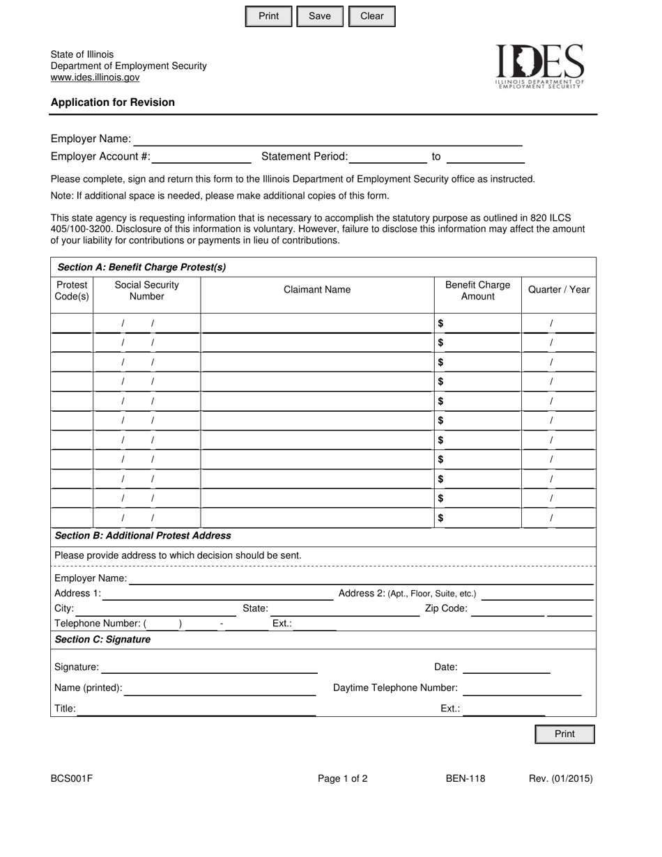 Form BCS001F (BEN-118) Application for Revision - Illinois, Page 1