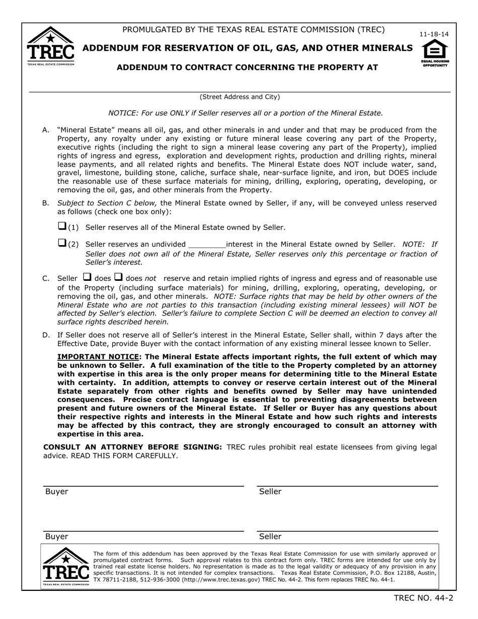 TREC Form 44-2 Addendum for Reservation of Oil, Gas and Other Minerals - Texas, Page 1