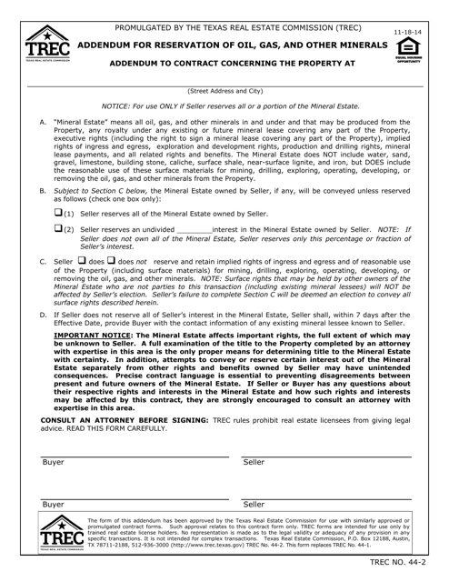 TREC Form 44-2 Addendum for Reservation of Oil, Gas and Other Minerals - Texas