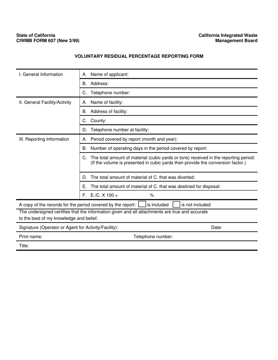 CIWMB Form 607 Voluntary Residual Percentage Reporting Form - California, Page 1