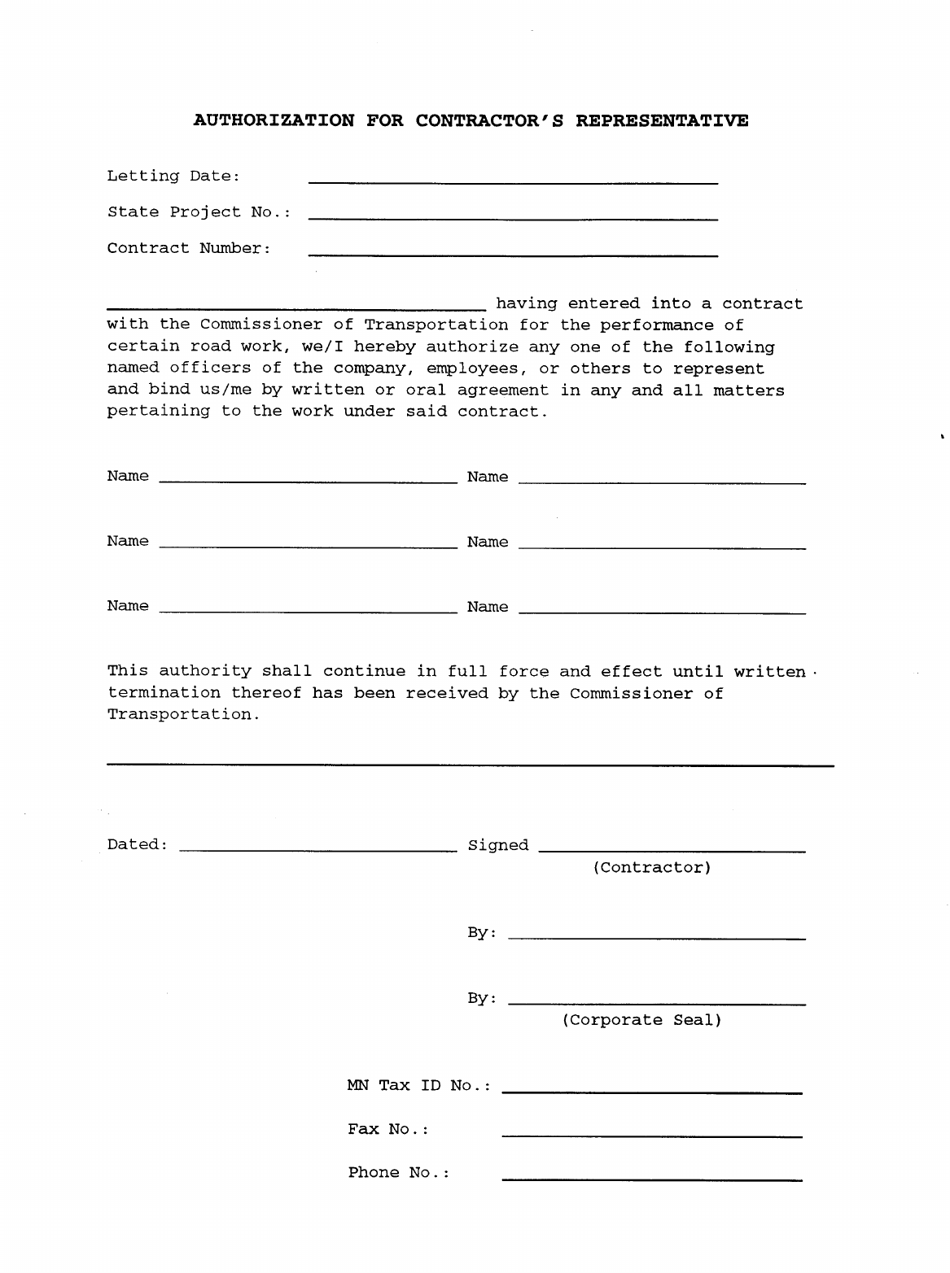 Authorization for Contractors Representative - Minnesota, Page 1