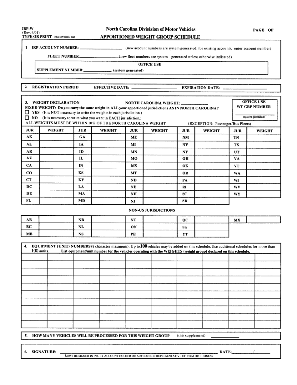 Form IRP-W Apportioned Weight Group Schedule - North Carolina, Page 1