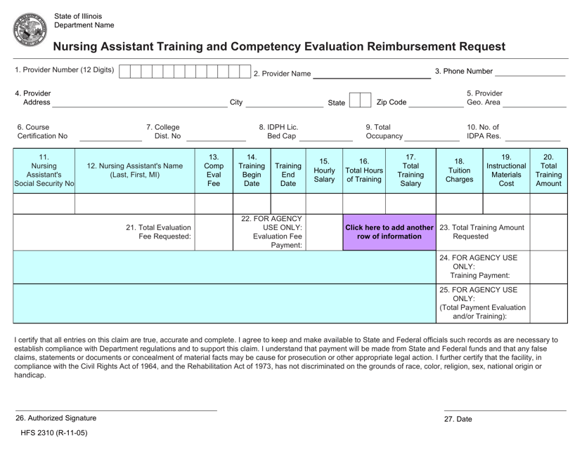 Form HFS2310 Nursing Assistant Training and Competency Evaluation Reimbursement Request - Illinois