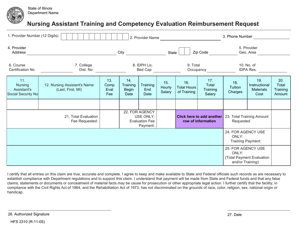 Form HFS2310 Nursing Assistant Training and Competency Evaluation Reimbursement Request - Illinois, Page 1