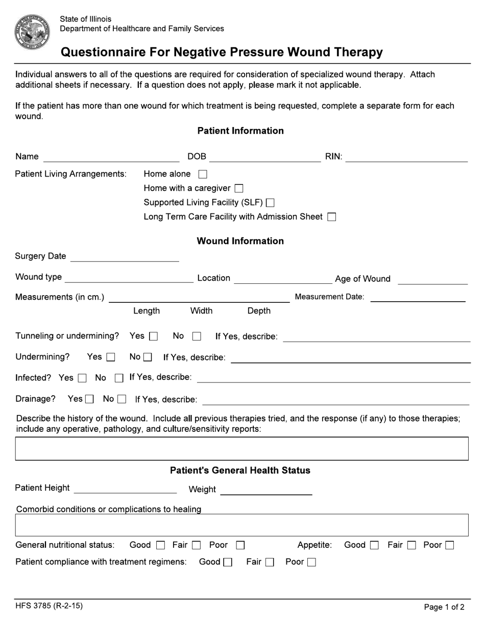 Form HFS3785 Questionnaire for Negative Pressure Wound Therapy - Illinois, Page 1