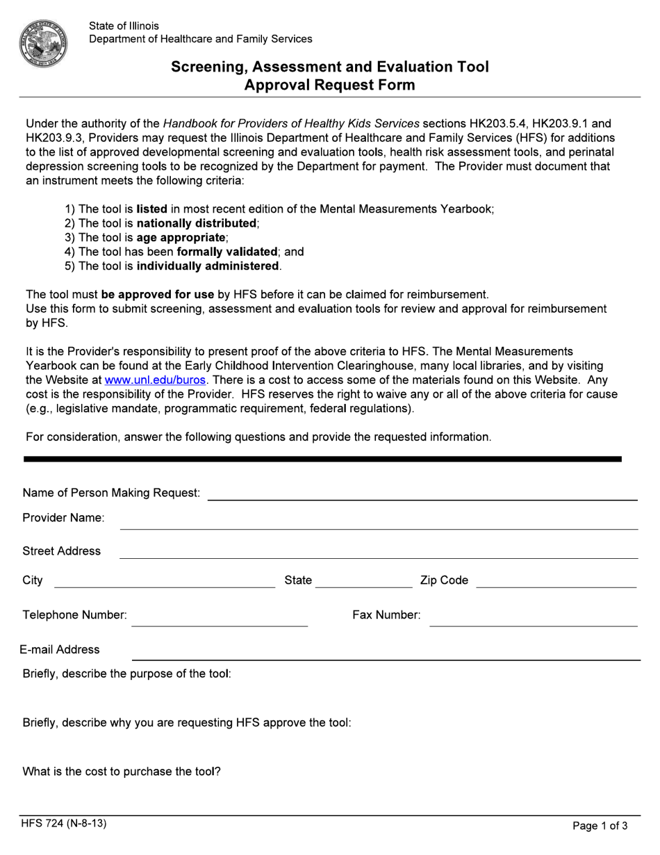 Form HFS724 Screening, Assessment and Evaluation Tool Approval Request Form - Illinois, Page 1