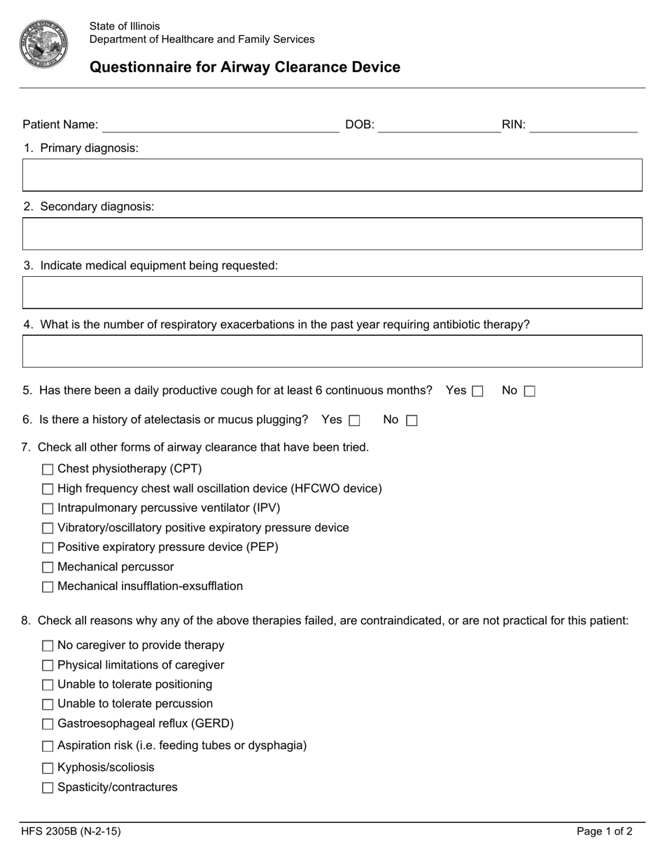 Form HFS2305B Questionnaire for Airway Clearance Device - Illinois, Page 1