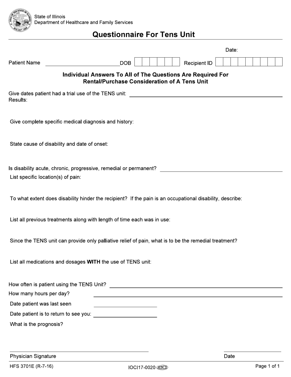 Form HFS3701E Questionnaire for Tens Unit - Illinois, Page 1