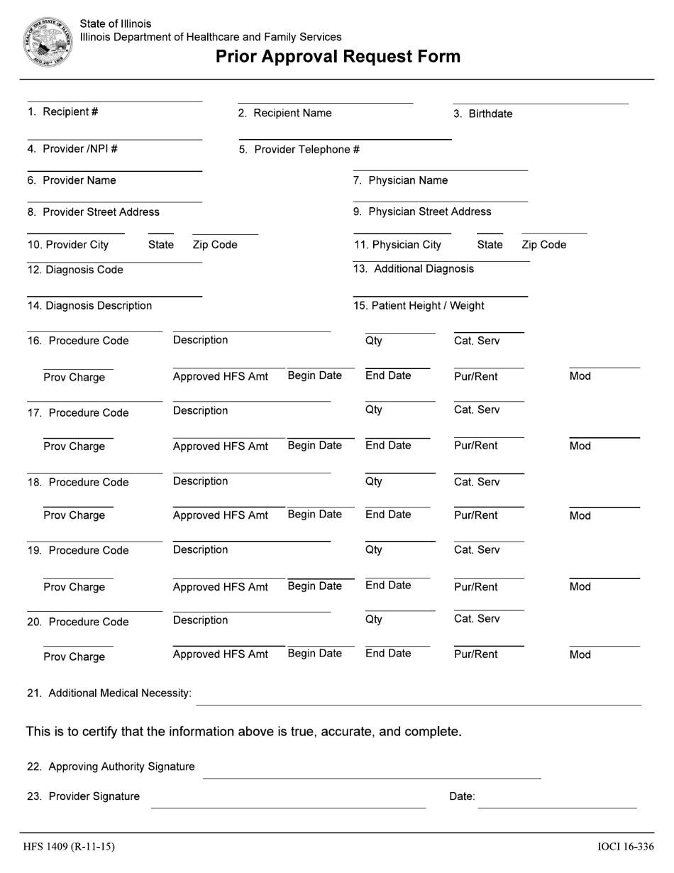 Form HFS1409 Prior Approval Request Form - Illinois, Page 1