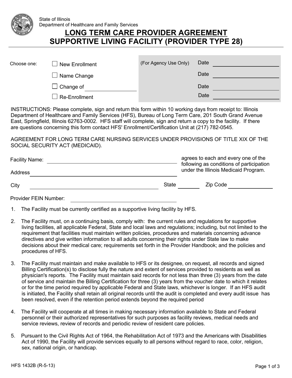Form HFS1432B Long Term Care Provider Agreement Supportive Living Facility (Provider Type 28) - Illinois, Page 1