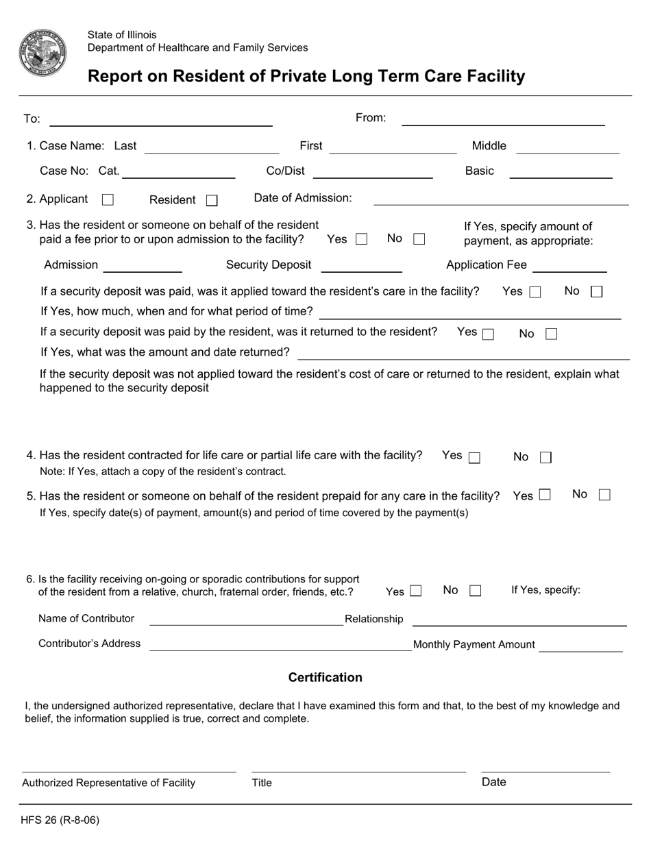 Form HFS26 Report on Resident of Private Long Term Care Facility - Illinois, Page 1