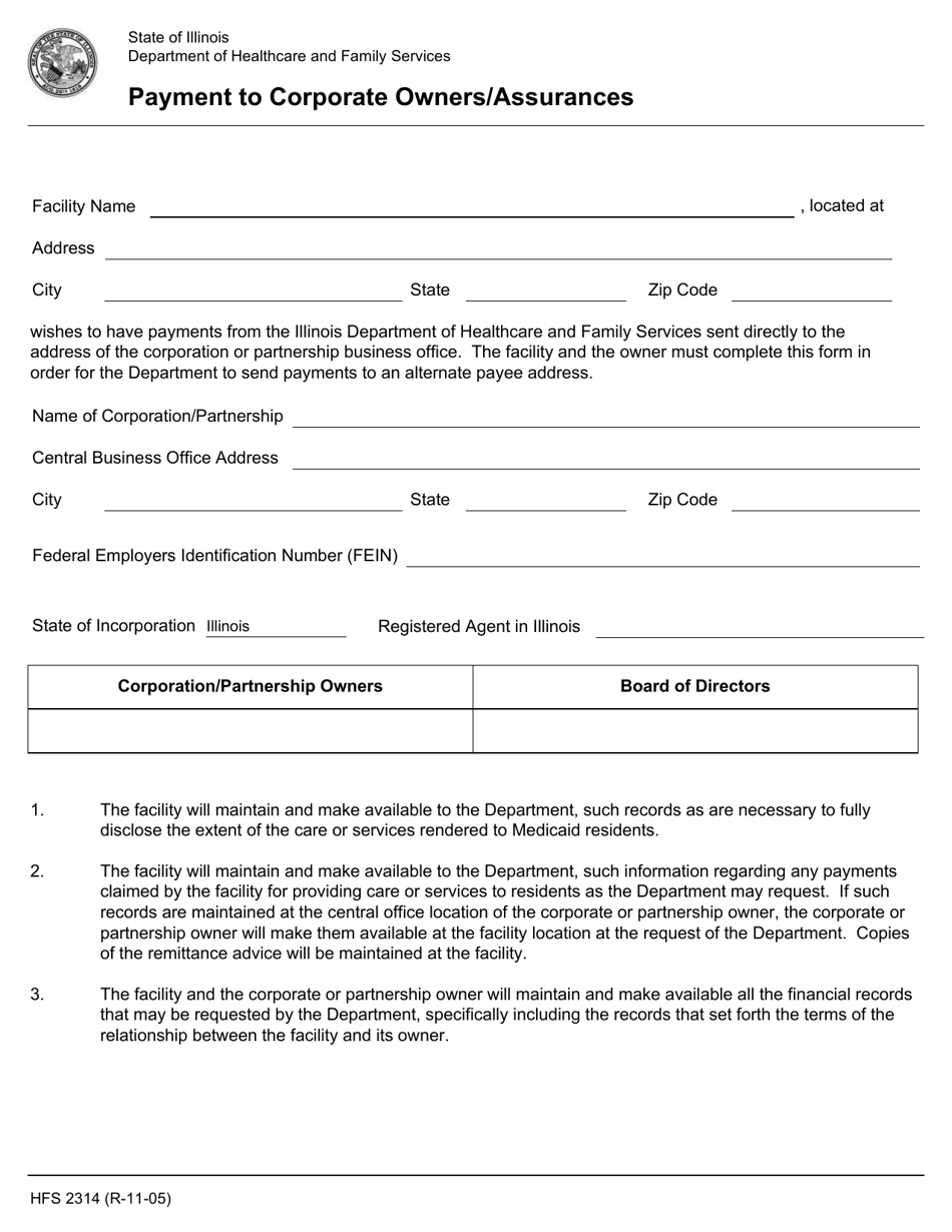 Form HFS2314 Payment to Corporate Owners / Assurance - Illinois, Page 1