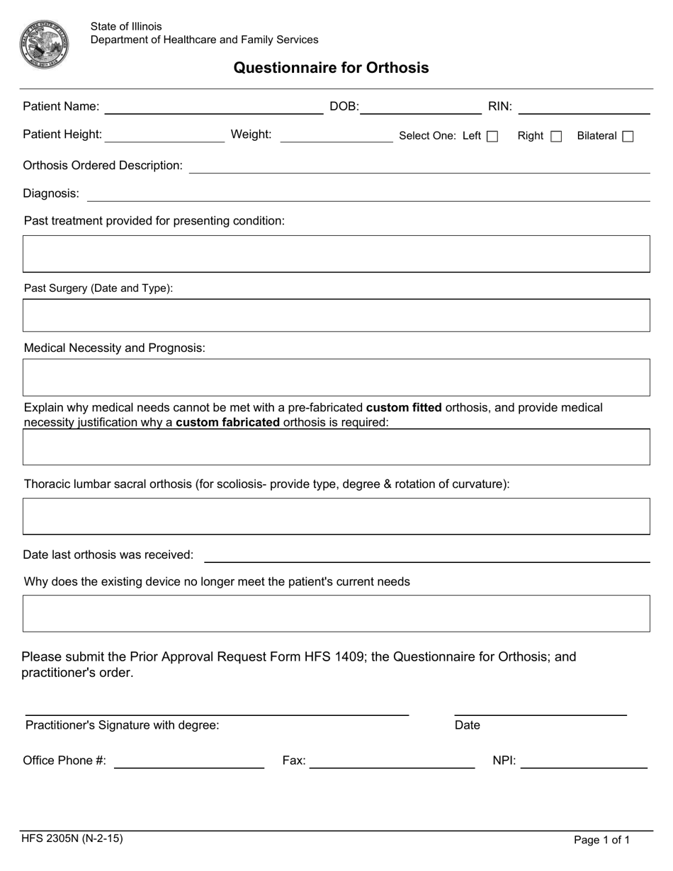 Form HFS2305N Questionnaire for Orthosis - Illinois, Page 1