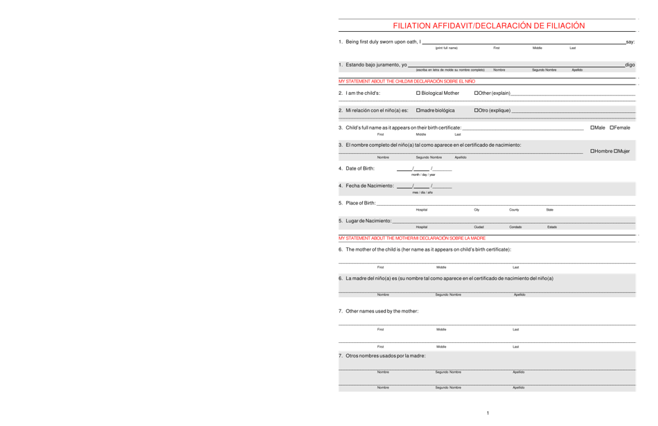 Form CSS354 Filiation Affidavit - Idaho (English / French), Page 1