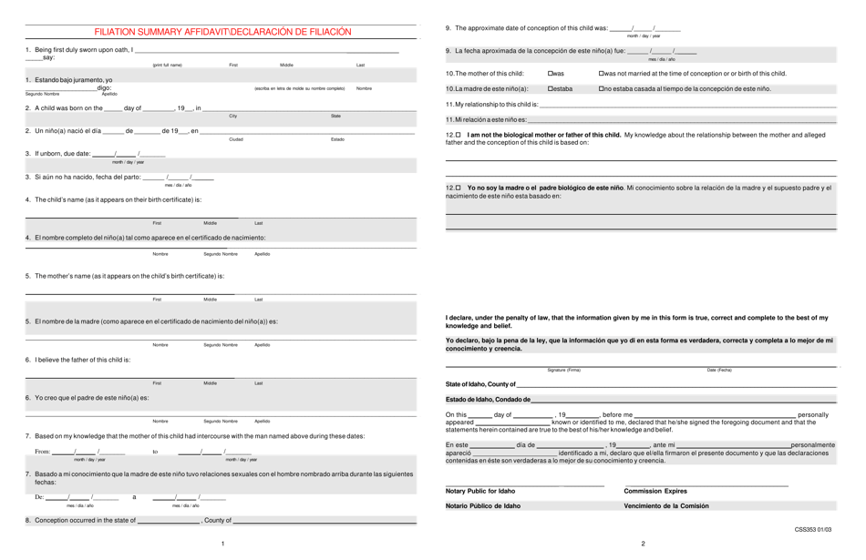 Form CSS354 Filiation Affidavit - Idaho (English / French), Page 5