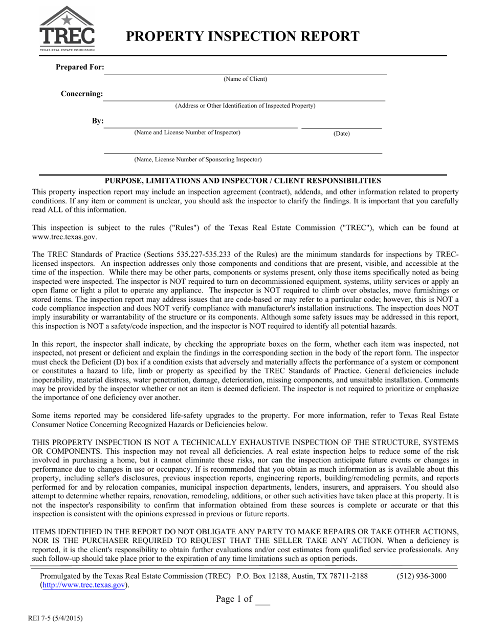 TREC Form REI7-5 Property Inspection Report - Texas, Page 1