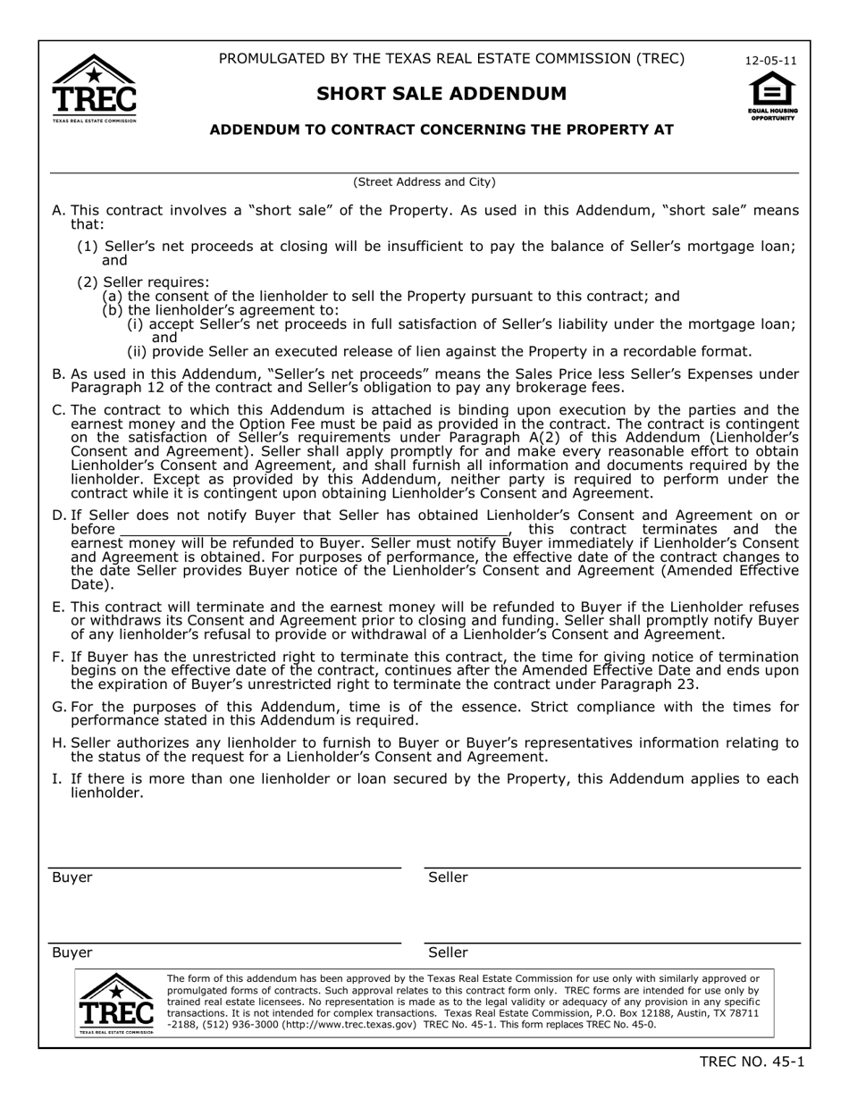 TREC Form 45-1 Short Sale Addendum - Texas, Page 1