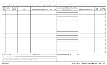 Document preview: Form DPSMV1716 Monthly Report of Vehicles Sold or Leased - Louisiana