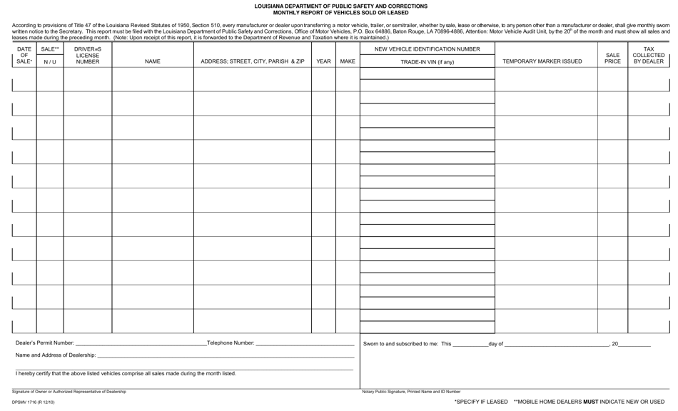 Form DPSMV1716 Monthly Report of Vehicles Sold or Leased - Louisiana, Page 1