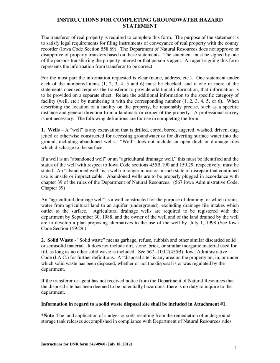 Instructions for DNR Form 542-0960 Real Estate Transfer - Groundwater Hazard Statement - Iowa, Page 1