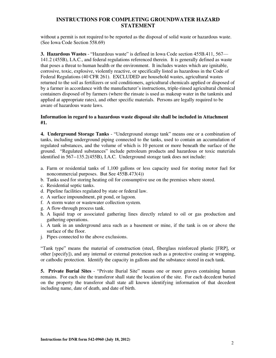 Instructions for DNR Form 542-0960 Real Estate Transfer - Groundwater Hazard Statement - Iowa, Page 2