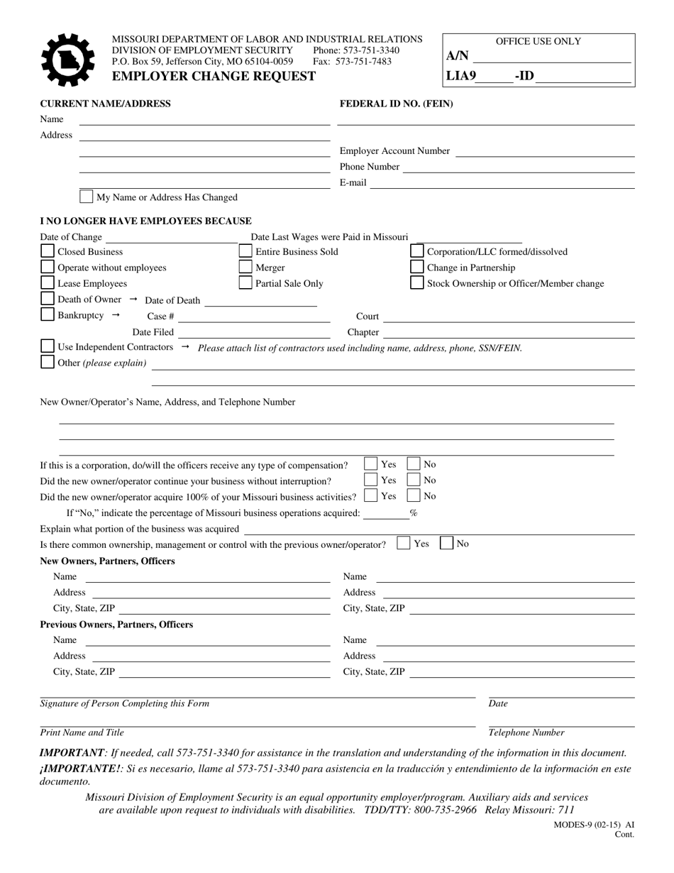 Form MODES-9 Employer Change Request - Missouri, Page 1