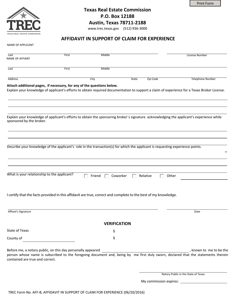 TREC Form AFF-B Affidavit in Support of Claim for Experience - Texas, Page 1
