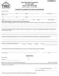 Document preview: TREC Form AFF-B Affidavit in Support of Claim for Experience - Texas