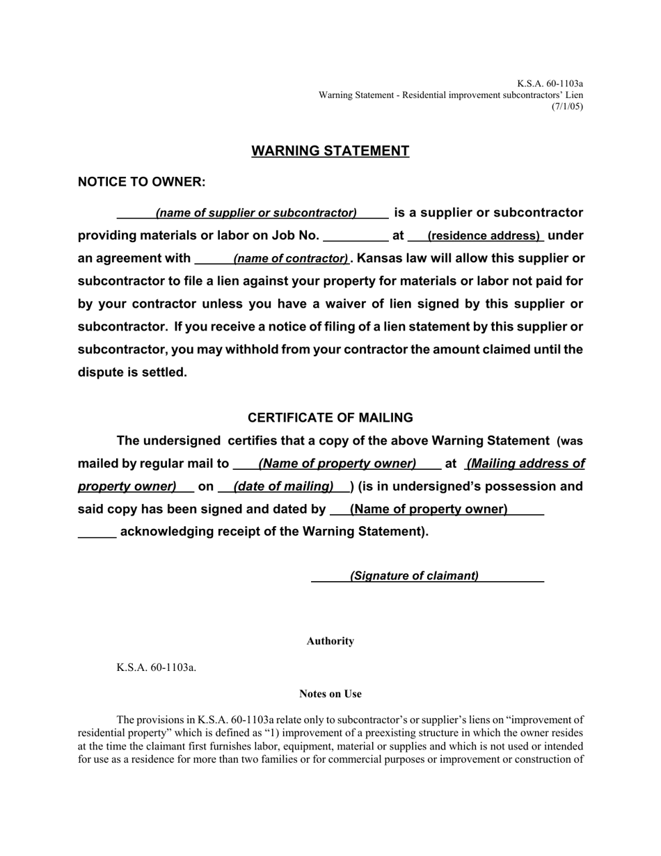 Kansas Warning Statement Fill Out, Sign Online and Download PDF
