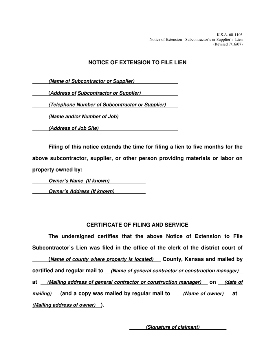 Notice of Extension to File Lien - Kansas, Page 1