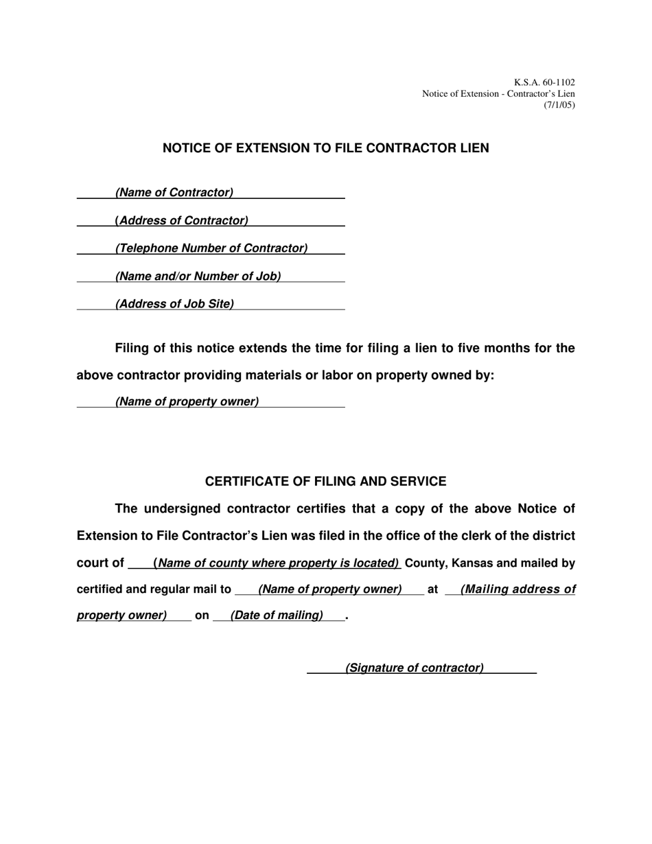 Kansas Notice of Extension to File Contractor Lien Download Printable